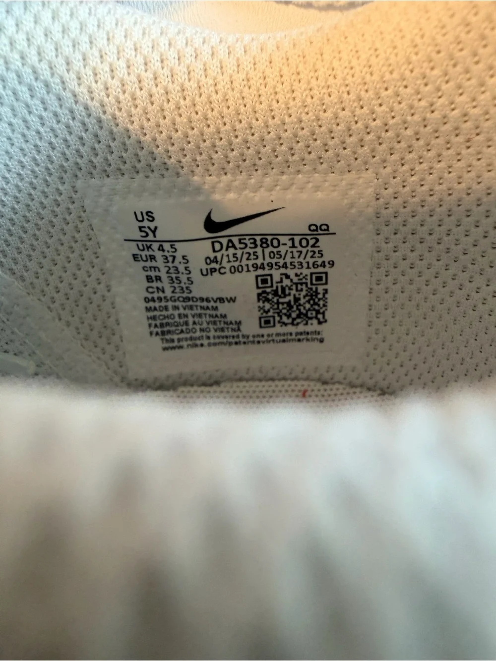 Nike White Court Vision Sneakers with Black Swoosh 5Y/6.5W NO BOX